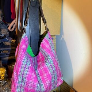 Pink & Green Plaid Reversible shoulder Bag With Leather Handle